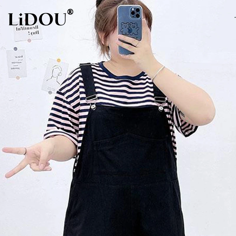 2023 New Summer K-pop Fashion Style Hipster Capable Sports Chic Neutral T-shirt Loose Oversize Striped Short Sleeve Top Women