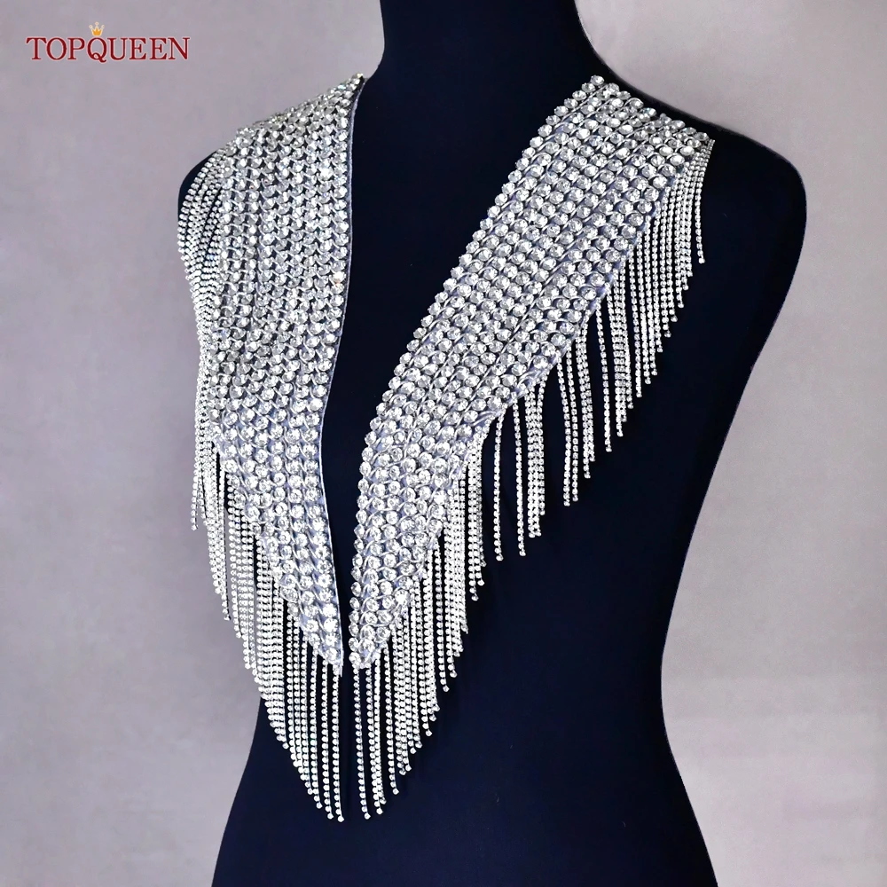 Topqueen New Crystal Tassel Wedding Collar Sewing Patch Rhinestone Tassel Applique Neckline For Clothing Decoration SP56