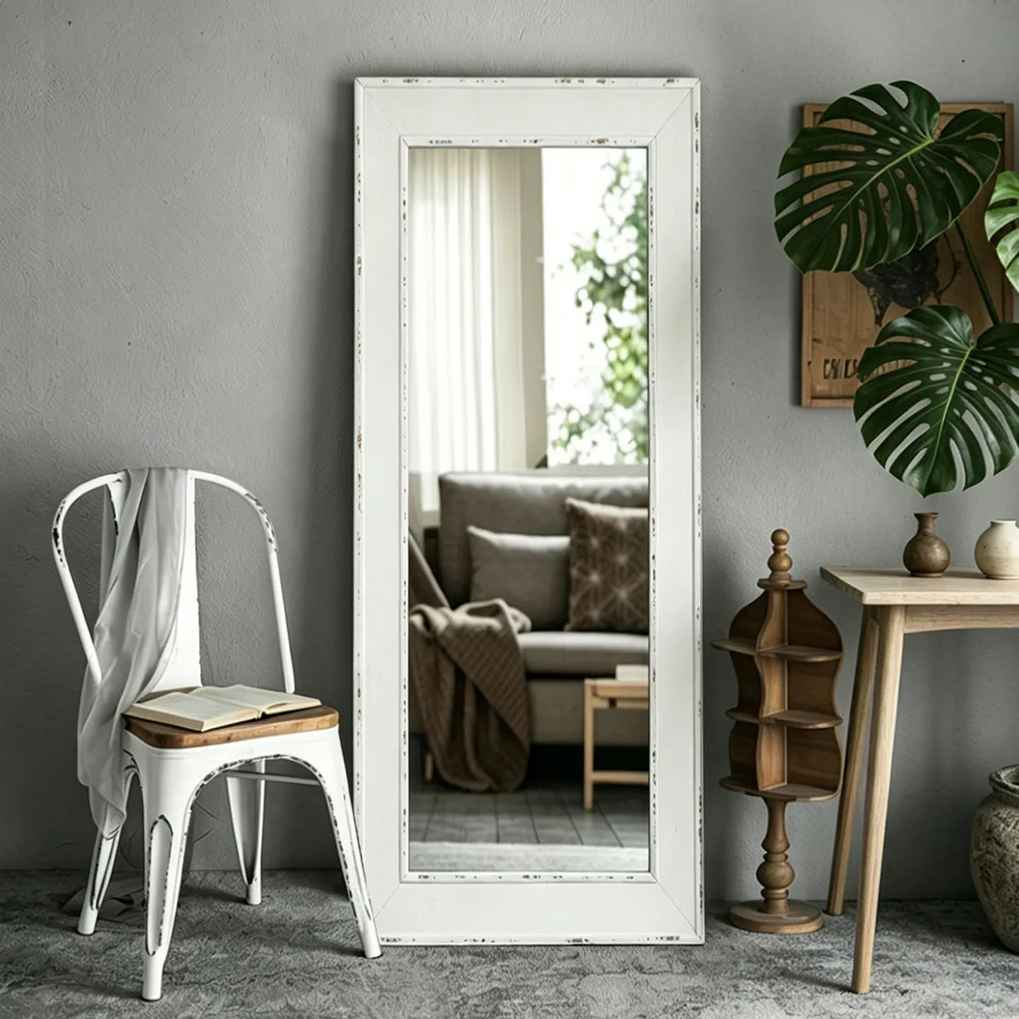 French retro floor-to-ceiling full-length mirror, old rectangular wooden full-body, frame-type homestay hotel decorative