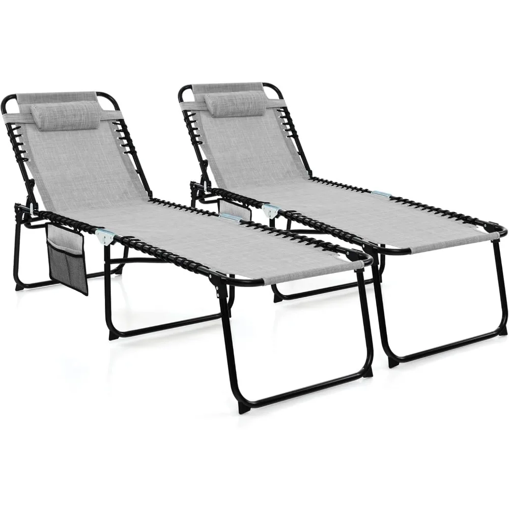 

Patio Lounge Chairs for Outside, Set of 2 Folding Tanning Chair w/Headrest, 4 Adjustable Positions, Side Pocket, Outdoor Chais