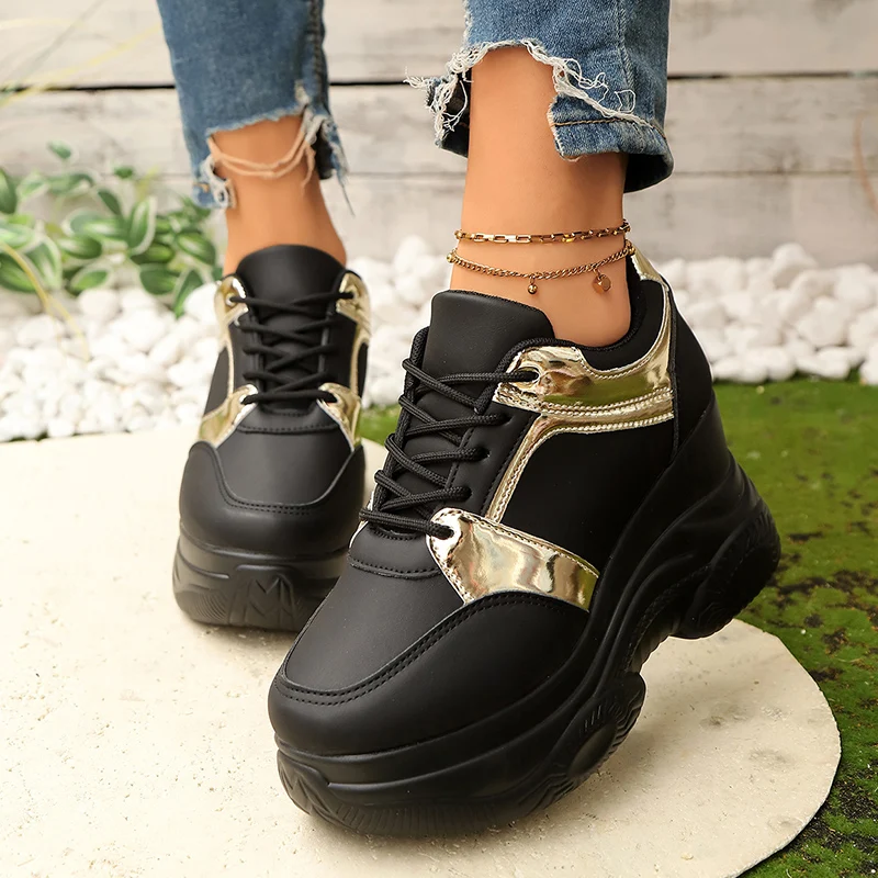 

Mix Color Chunky Platform Sport Sneakers Women Lace Up Black Thick Bottom Vulcanizd Shoes Woman Plus Size 42 Pu Leather Sneaker