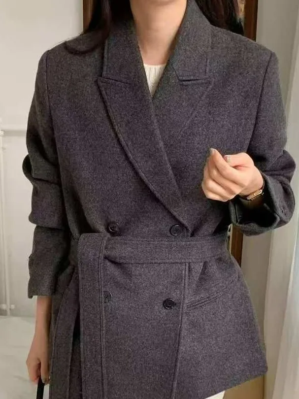 

Шикарное шерстяное пальто с тонкой талией в стиле ретро, женское длинное двубортное пальто на пуговицах, однотонная верхняя одежда для поездок на работу