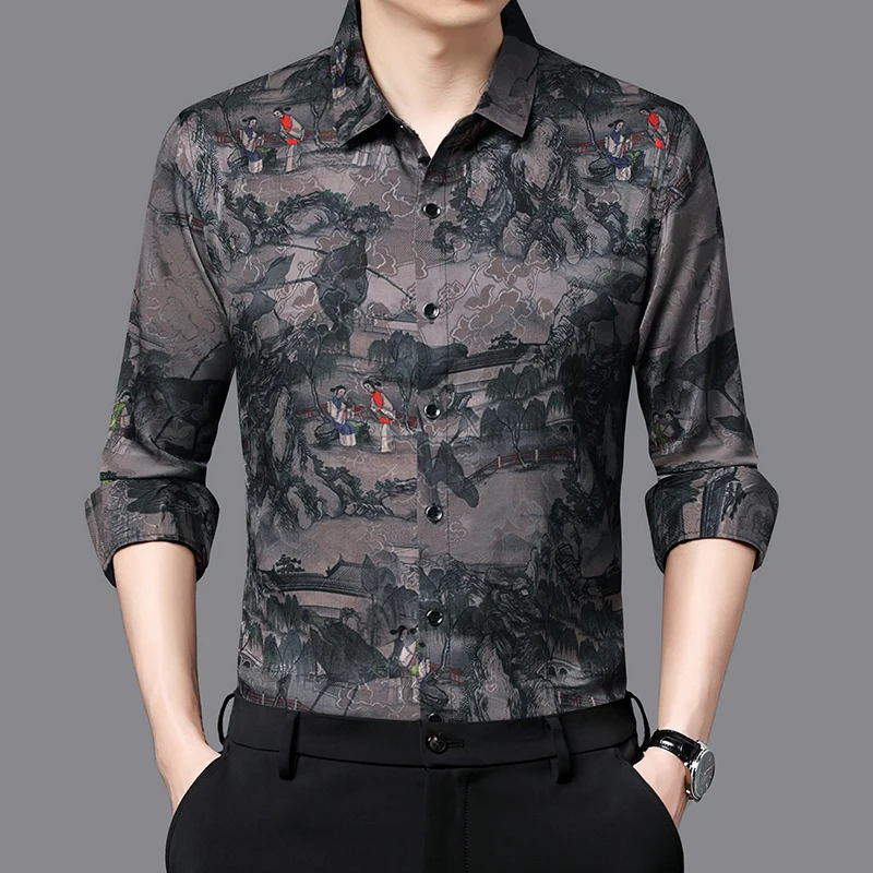Chinese Style Dress Men Shirt Long Sleeve Vintage Print Easy Care Spring Quality Silky Comfortable Coolness Casual Chemise Homme