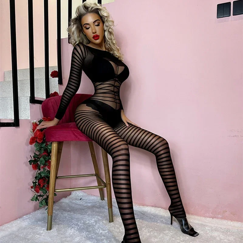 Body transparente calado para mujer, lencería Sexy de rejilla, medias de malla eróticas, disfraces de seducción