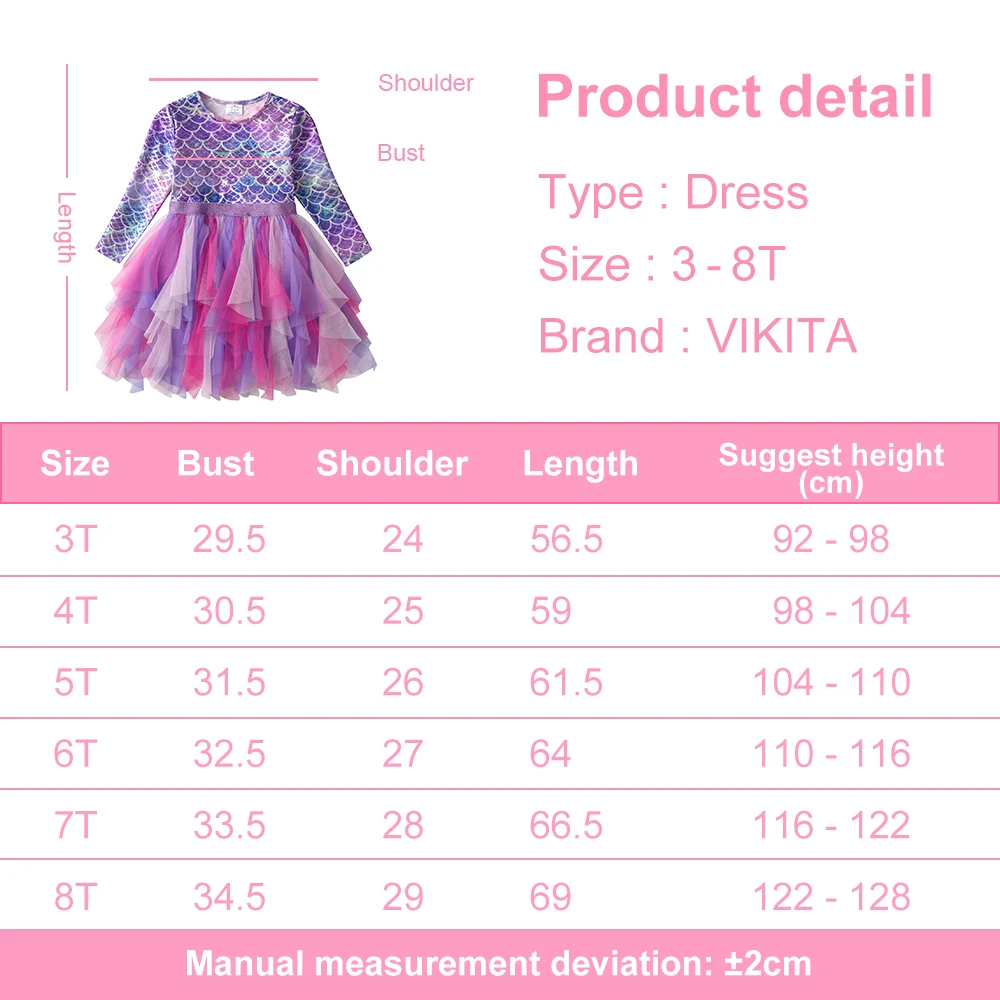 Vikita Mädchen Prinzessin Kleid Langarm Kinder Meerjungfrau Druck Kleid Kinder unregelmäßigen Ballkleid Tutu Mädchen Party Tüll Kostüme – Detail 1