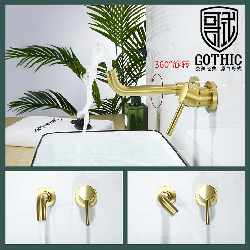 

Gold Basin Faucet Buried Wall Hidden Double Handle Wall Mounted Black Hot And Cold Water Mixer Washbasin Tap Embedded Faucet