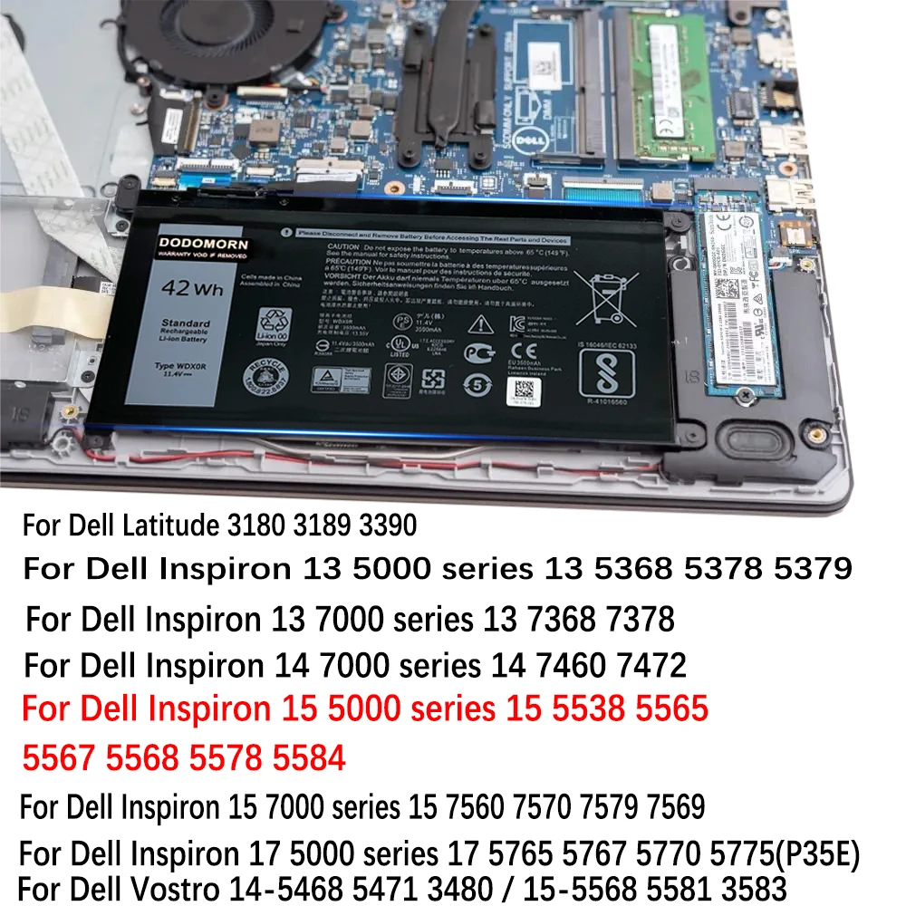 بطارية WDXOR 3CRH3 T2JX4 لأجهزة DELL Inspiron 13 5368 5378 7368 14 7460 7472 5468 15 5538 5567 5568 7560 7570 P66F 3189 في المخزن