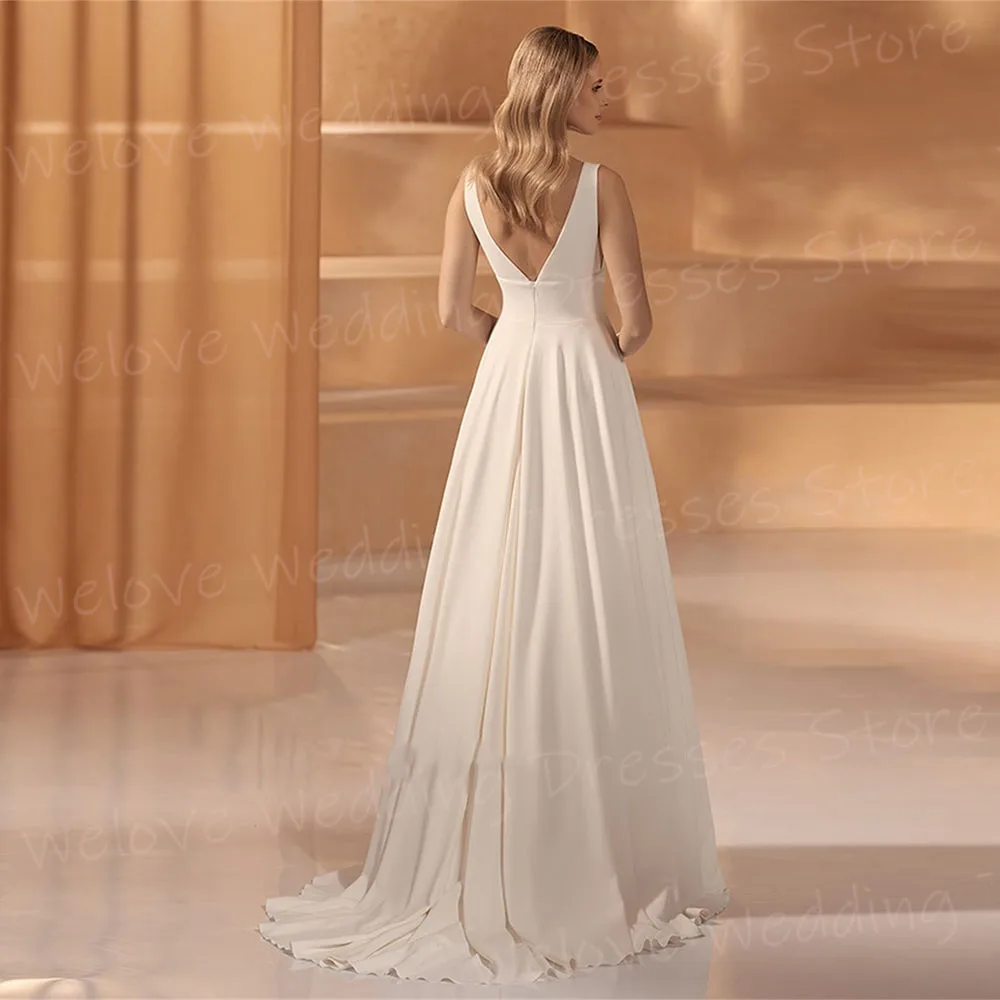 Robe De Mariée trapèze Simple pour femmes, col en V, sans manches, personnalisée, dos nu, en Satin