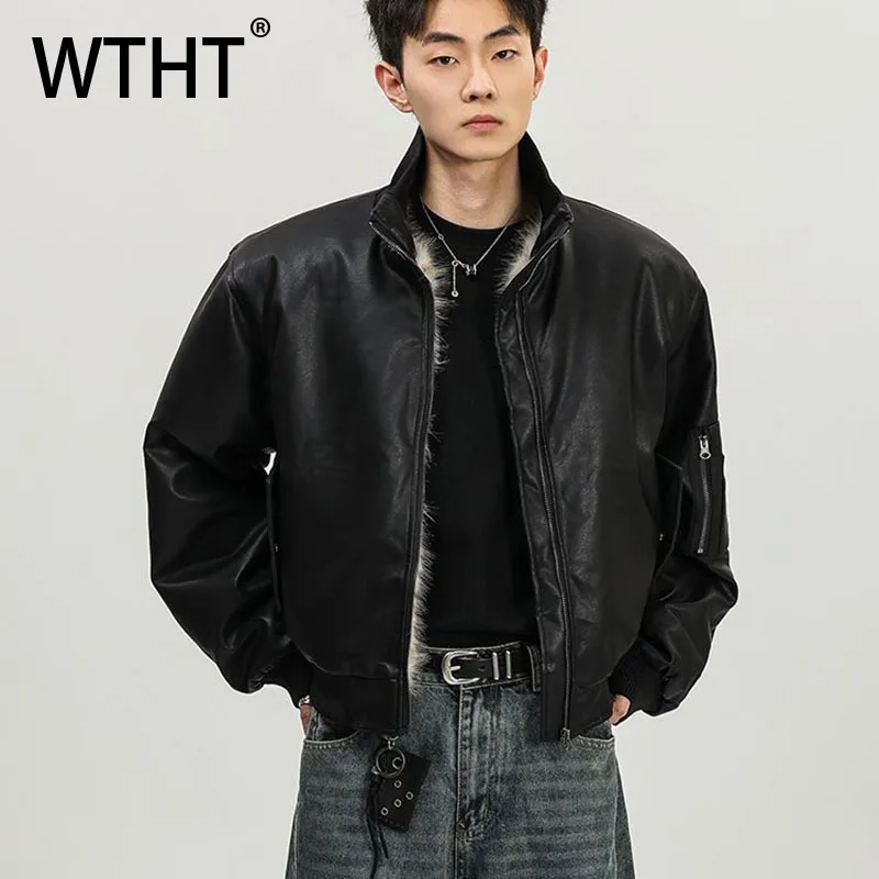 

WTHT Fashion Men's Spliced Plush Thicken Leather Coats Trendy Stand Collar Zipper Casual Jackets Male 2025 Autumn 2A2277
