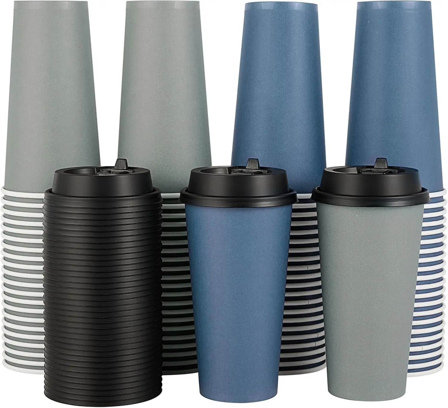 

100 Pack 20 oz Disposable Paper Coffee Cups with Lids for Coffee, Water, Juice, or Tea, Blue and Gray Hot Paper Cups for
