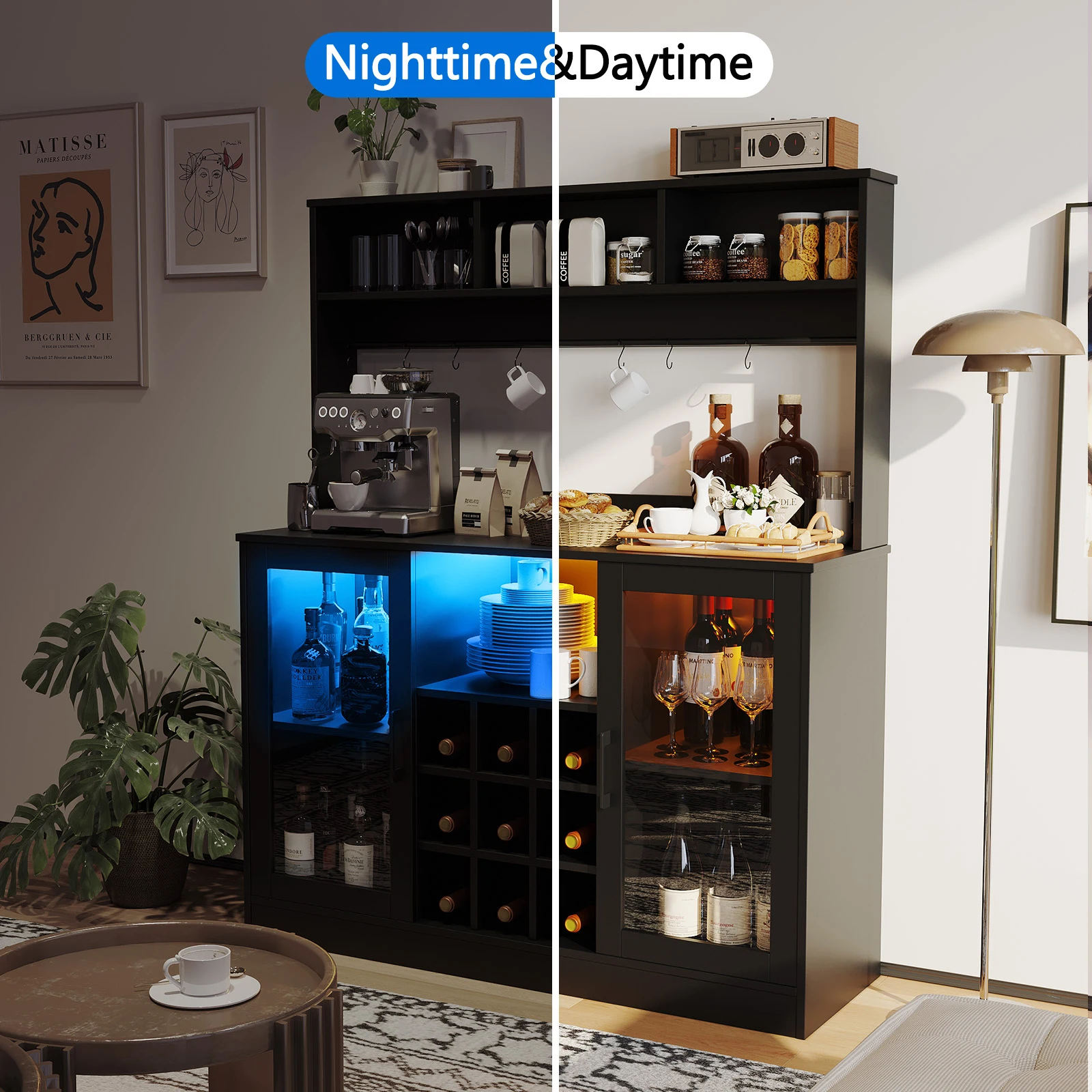 Liquor Cabinet Coffee Bar Cabinet with Power Outlet, LED Light, 6 Hooks, 9 Wink Racks and Adjustable Shelf, Wine Rack