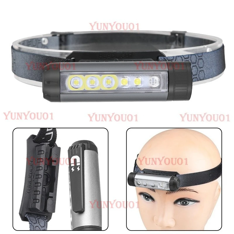 Cross-border New LED Three-light Source Headlight Small Flashlight with Magnet USB Charging Multi-function Pen Cap Clip