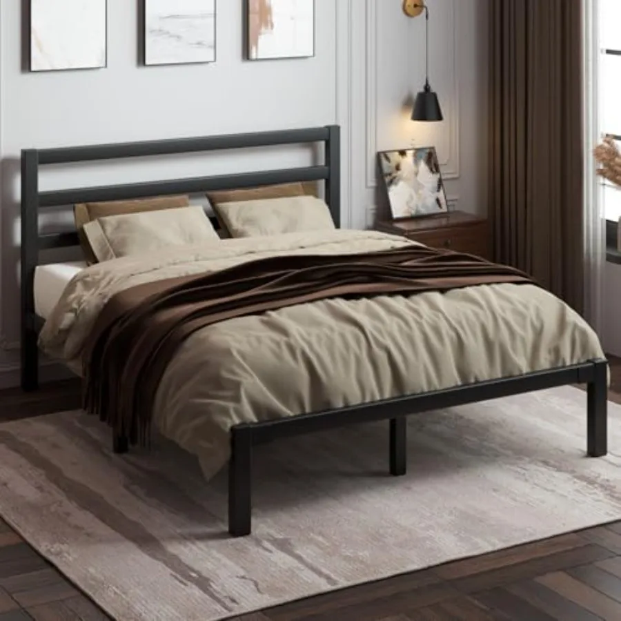 Size Metal Bed Frame with Headboard, Metal Slats for Bedroom, Black Steel, Heavy-Duty Support and Noise-Free Design