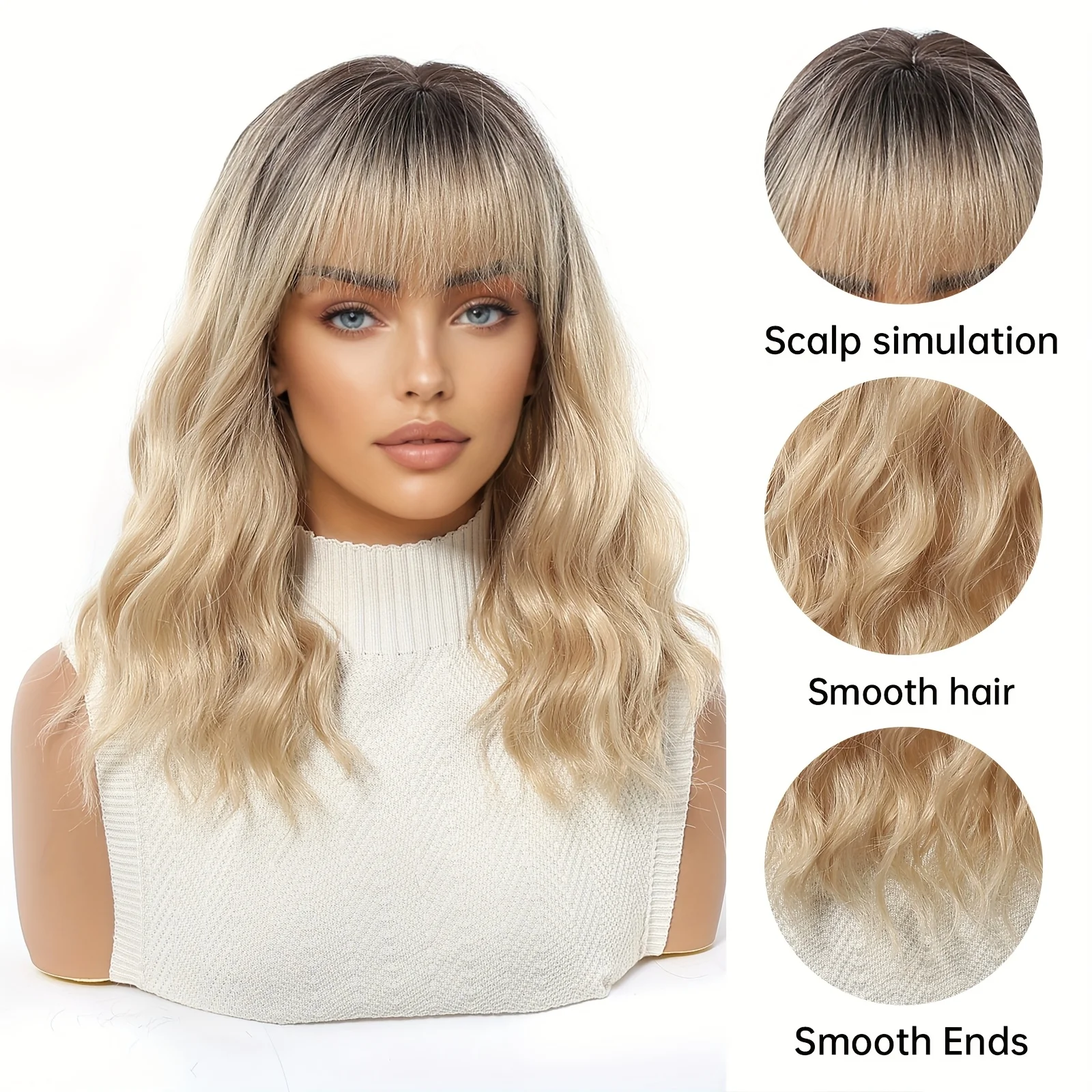 Blonde Golden to Brown Ombre Short Wavy Bob Synthetic Wig with Bangs for Women Natural Look Party Daily Use Heat Resistant