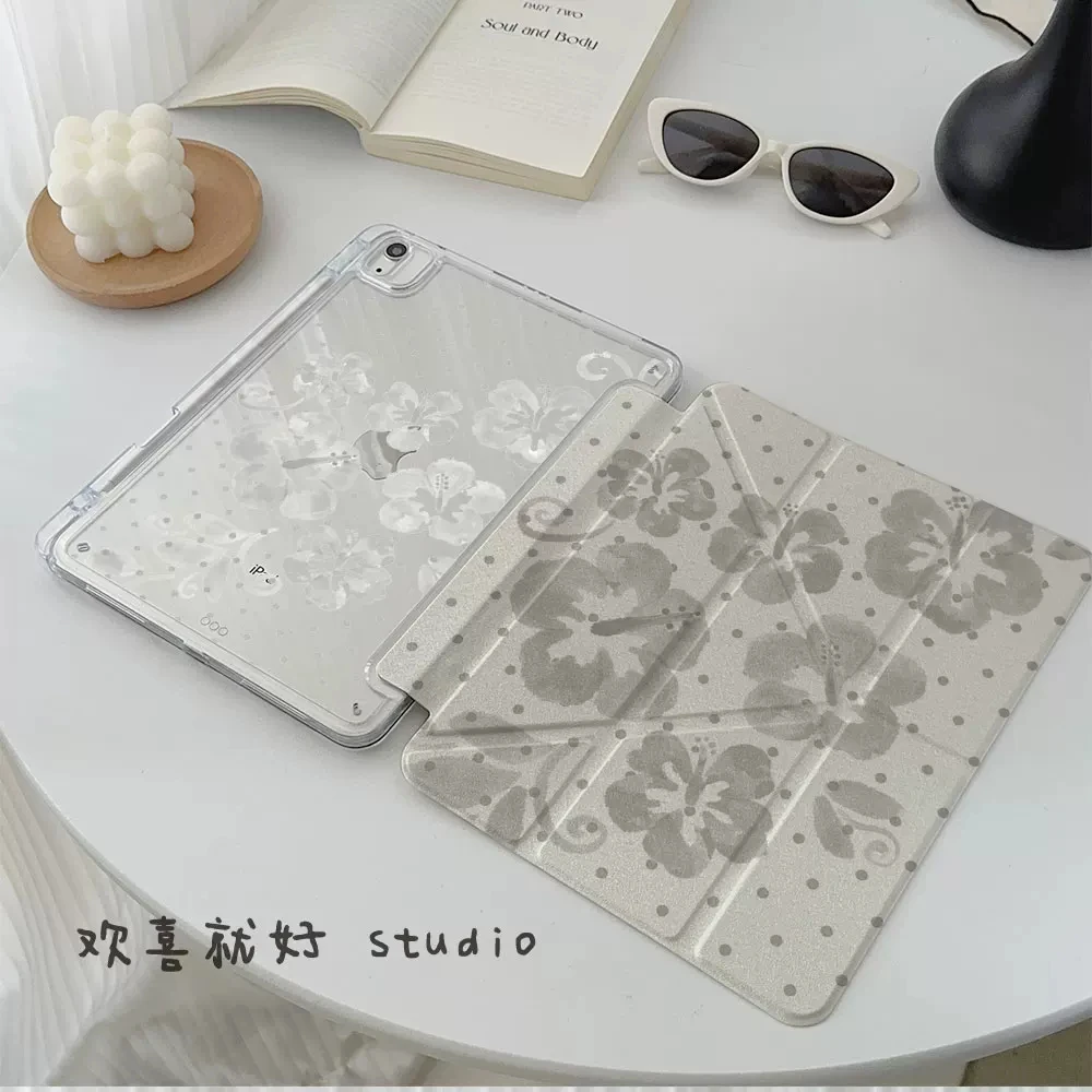 Korean Fusang Flower Polka Dot 3Y-Fold iPad Case For iPad Pro 11 13in 2025 iPad Pro 12.9in Air7 10th 11th M4/5 MINI Tablet Cover