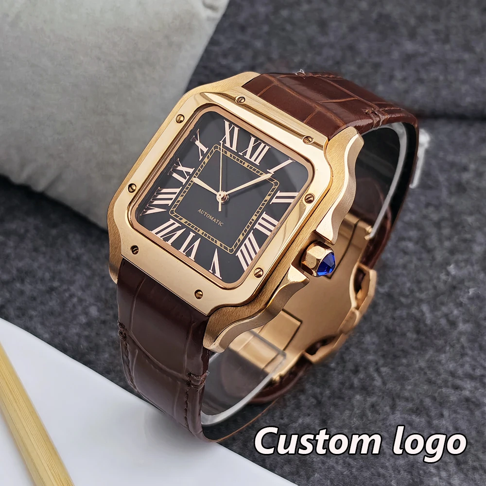 Reloj cuadrado NH35 de 38mm para hombre, reloj automático con logotipo personalizado, esfera de oro rosa, adecuado para accesorios de reloj con movimiento NH35
