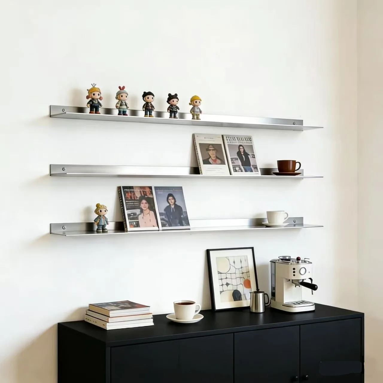 Stainless steel medieval Bauhaus shelf one-word board kitchen book cup holder seasoning rack company book display laminate