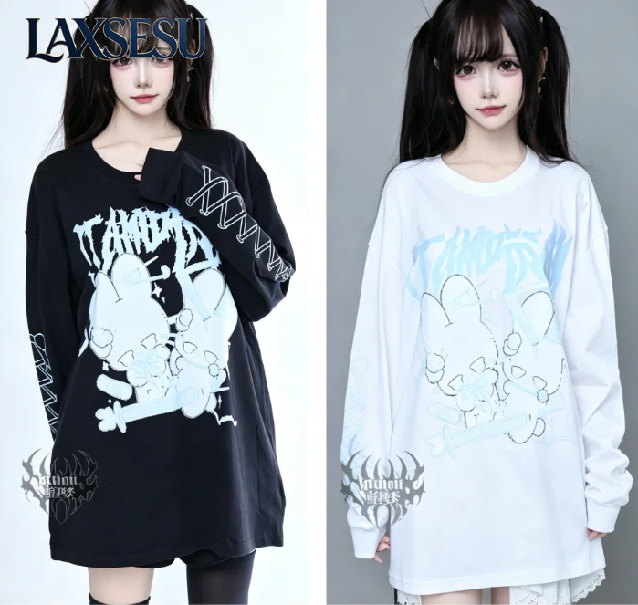 Japanese New Crew Neck Casual Tshirt Summer Printed Pure Cotton Long Sleeved T-shirt Sweatshirt Kawaii Cute Tee Women
