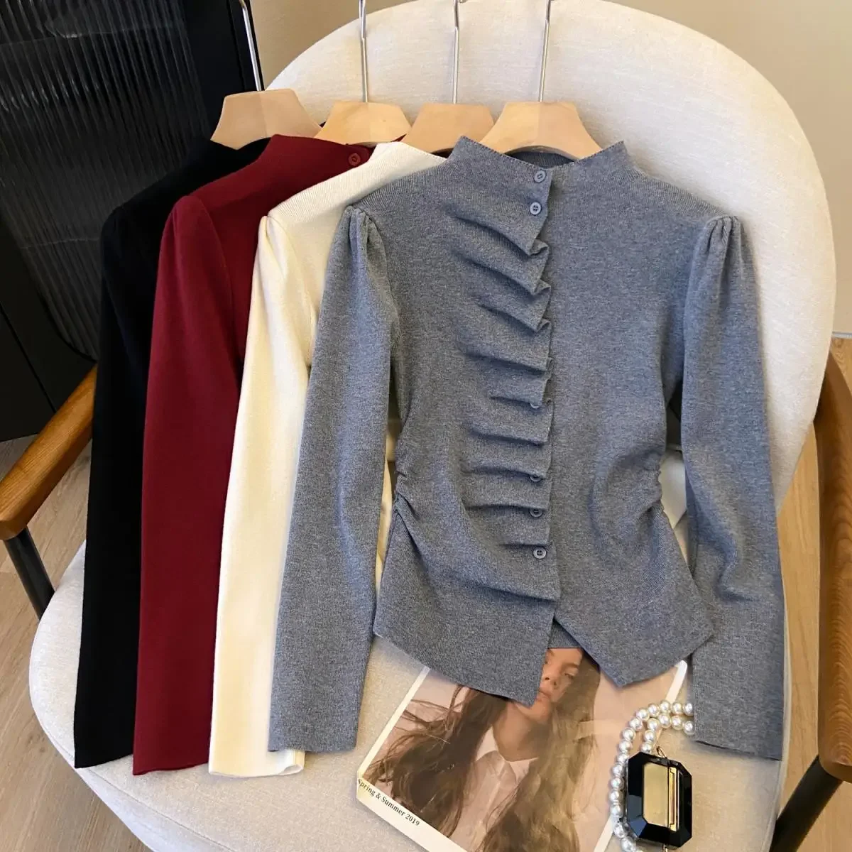 

Плиссированная блузка-корсет женская 2024, новая весенне-осенняя, в корейском стиле, с воротником-стойкой, кардиган, топ, женская асимметричная футболка