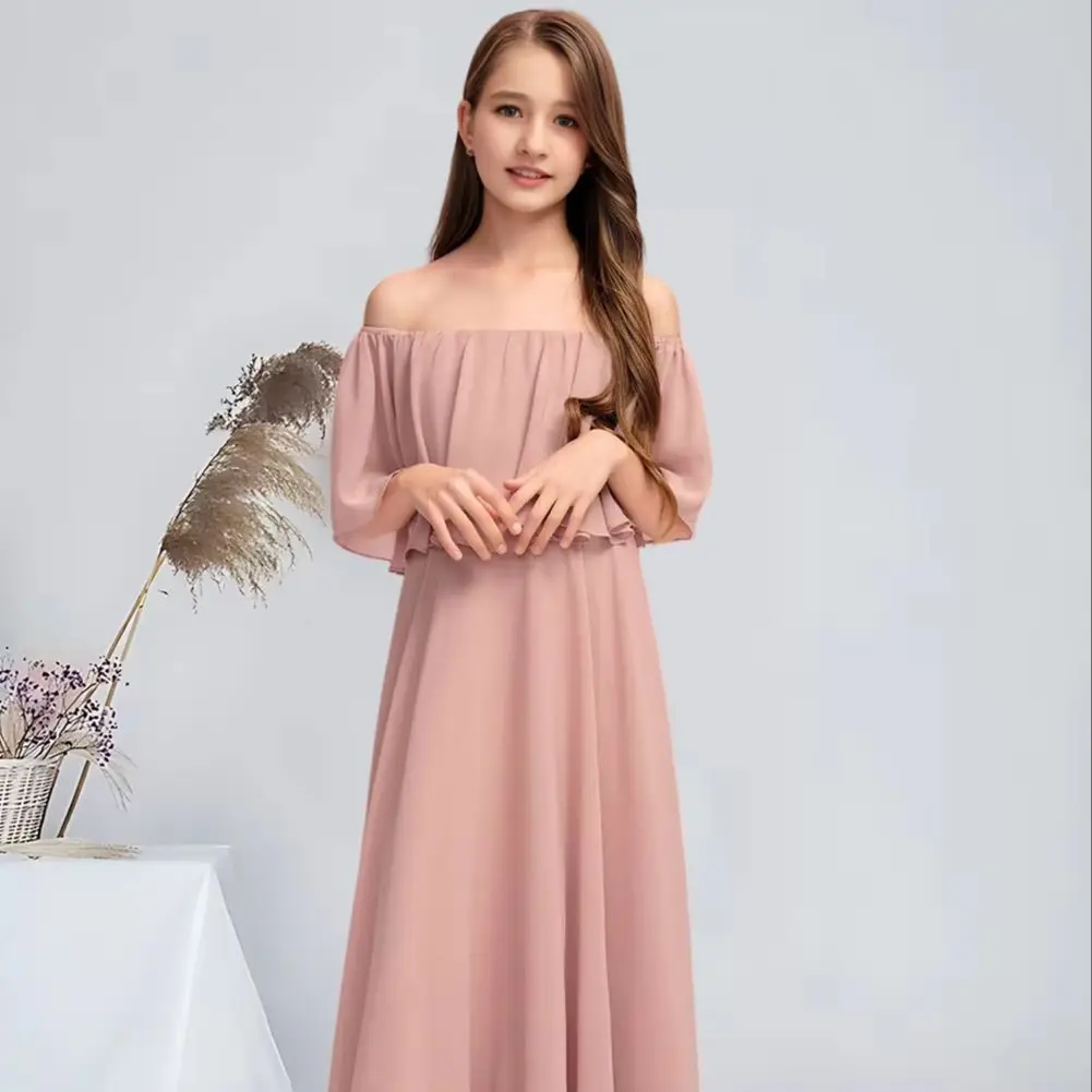 

NCA A-line Off the Shoulder Floor-Length Chiffon Junior Bridesmaid Dress With Pleated Chic Dusty Rose Flower Girl Dress Wedding