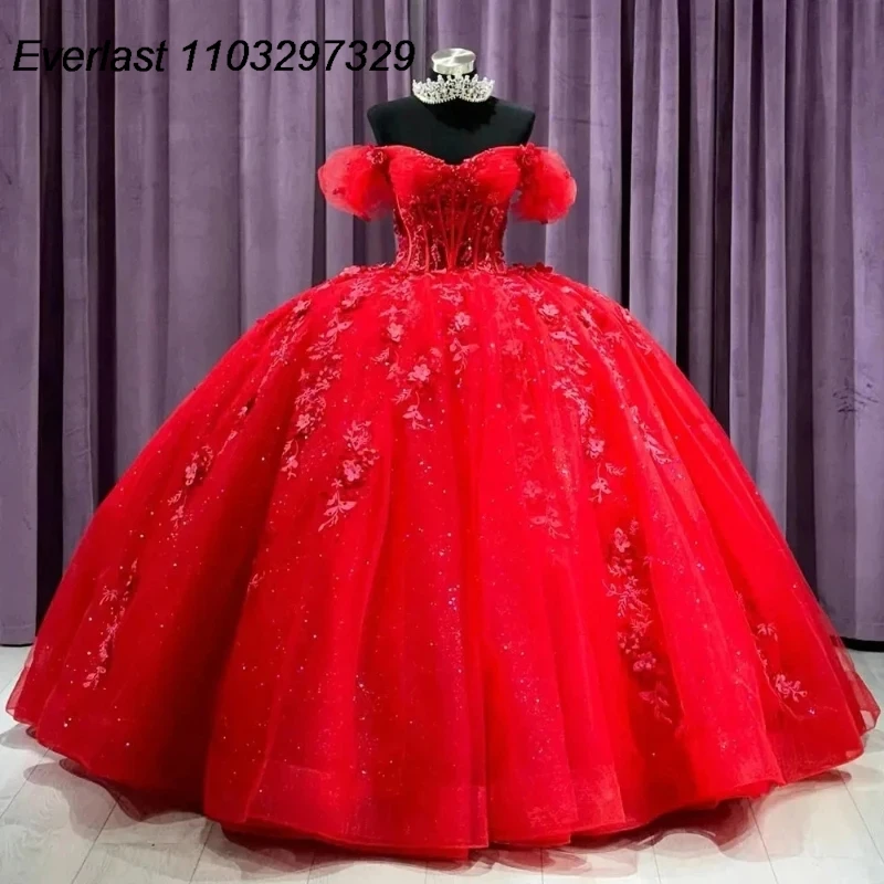 

EVLAST Glitter Red Sweetheart Ball Gown Quinceanera Dress 3D Floral Appliques Beading Corset Sweet 16 Vestido De 15 Anos TQD362