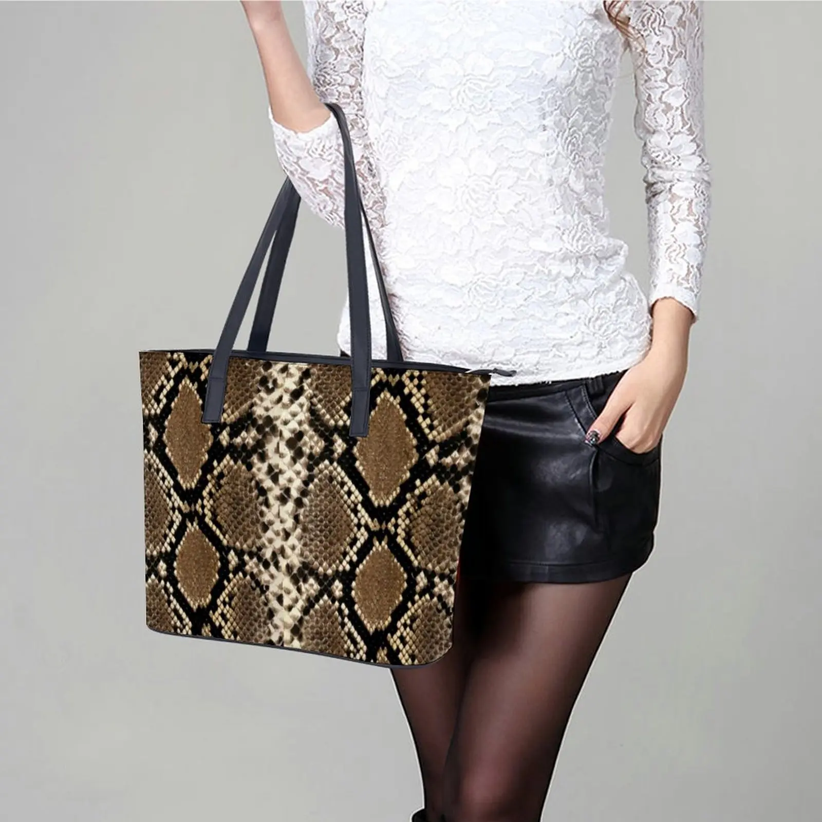 Black Snakeskin Handbags Snake Scale Print PU Leather Shoulder Bag Women Travel Print Tote Bag Handle Retro Beach Bags