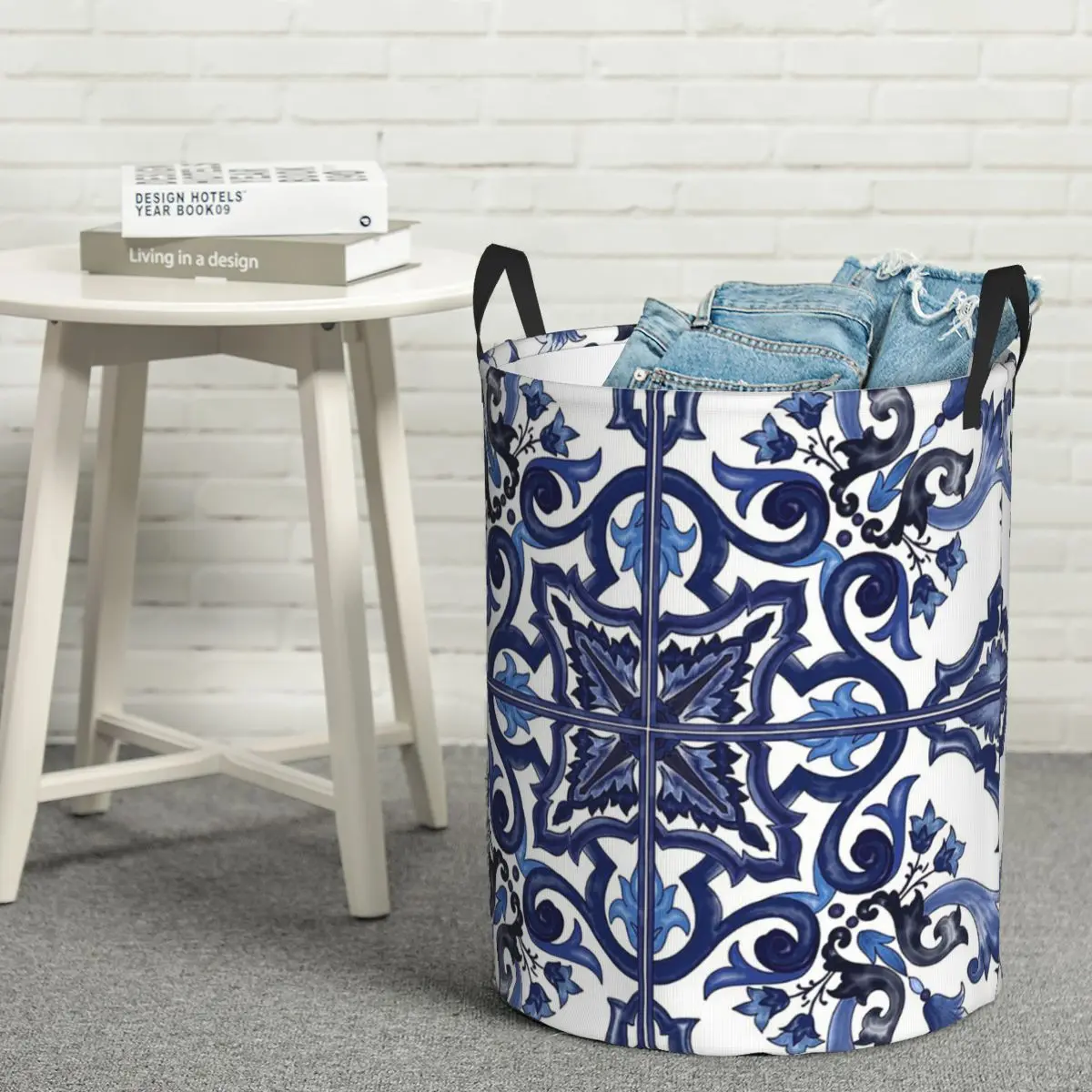 Blue Ornate Floral Mediterranean Sicilian Tile Folding Laundry Baskets Dirty Clothes Storage Basket Large Waterproof Box