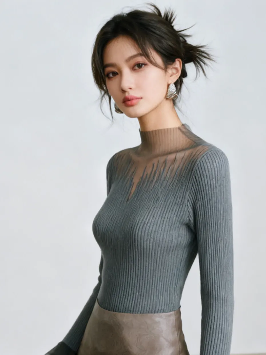 Autumn Winter Lace Splicing Half High Collar Knitted Sweater Women Long Sleeve Inner Wear Faux Fur Base Shirt Bell Sleeve Top view 3
