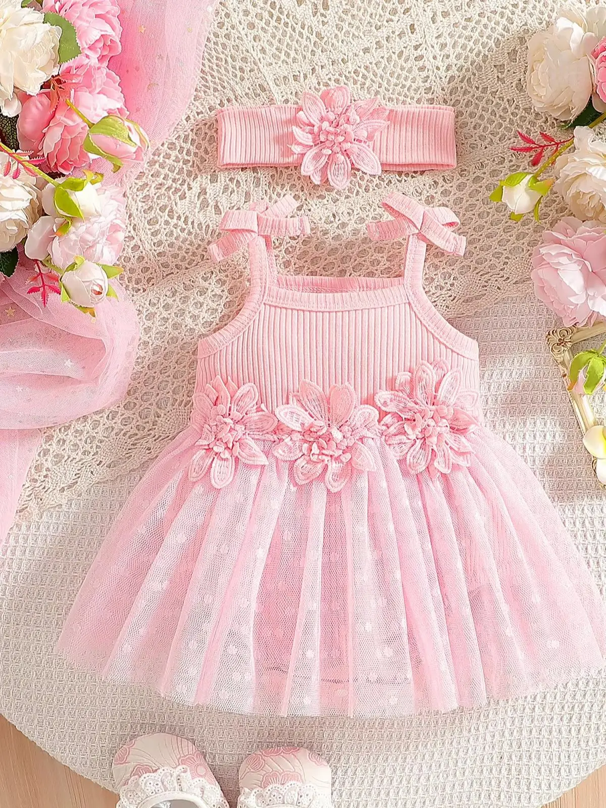 Baby Girl Summer Cute Romantic Sweet Pink Ribbed Bow Strap Jumpsuit with 3D Floral Decor, Polka Dot Mesh Tutu Skirt and Matching