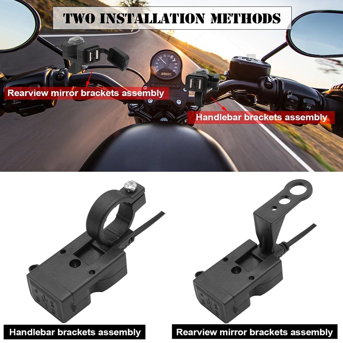 USB Motorcycle Handlebar Rear Mirror Waterproof Dual Ports 31A Fast Charging Power Socket Adaptor with for Motorcycle T