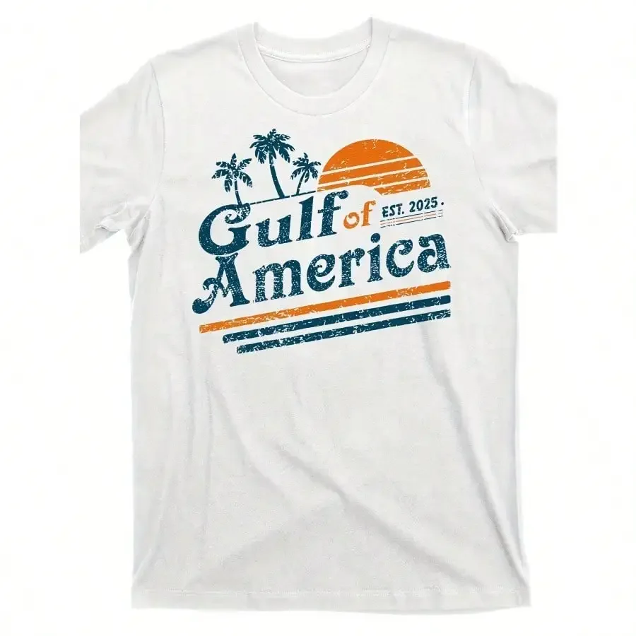 تي شيرت رجالي برسومات Retro Vintage Gulf Of America - تي شيرت قطني رمادي فاتح مع تصميم شجرة النخيل الغروب، EST 2025 #6