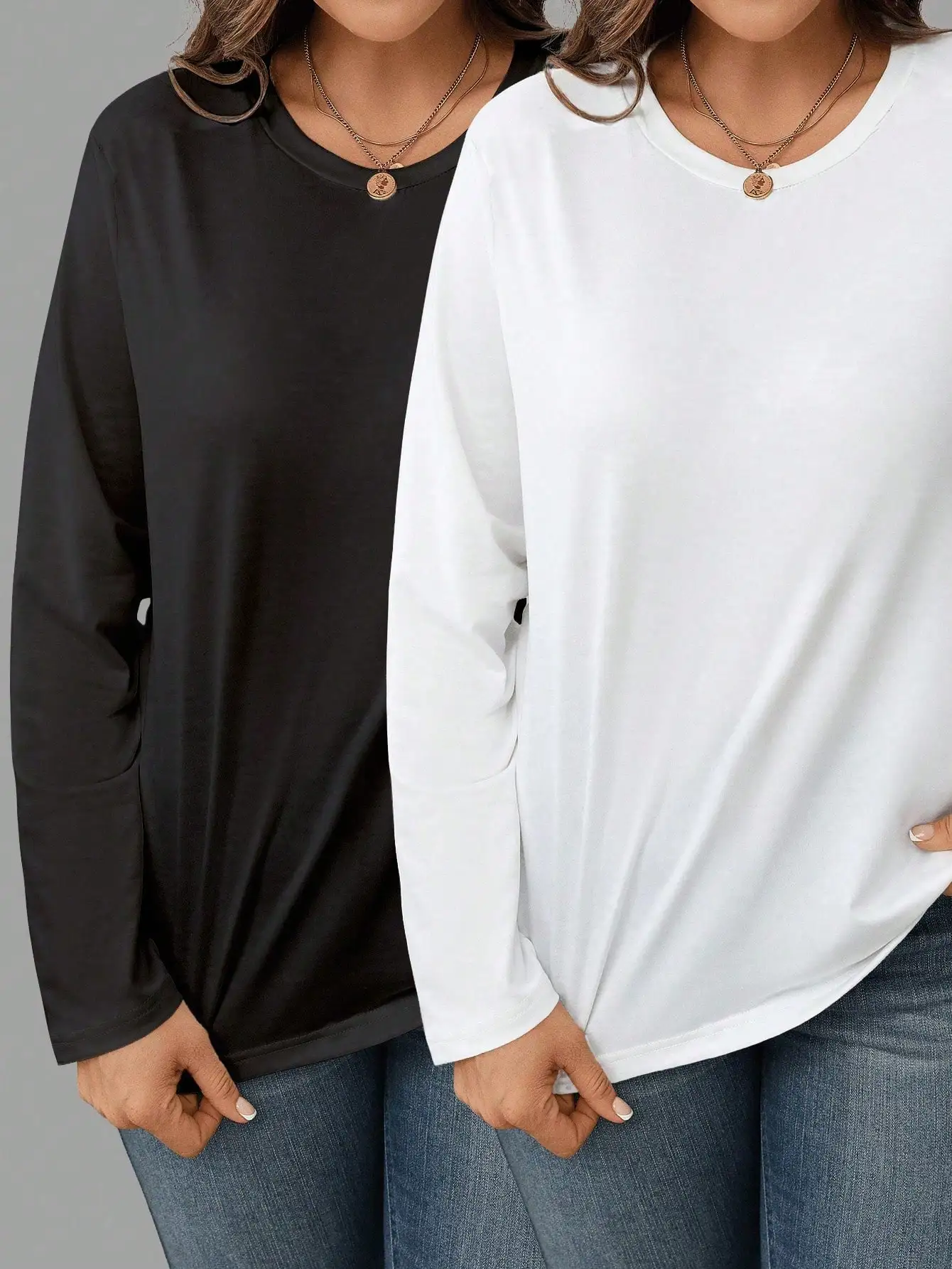 

Plus Size Women's Long Sleeve Round Neck T-Shirt Set - Black & White Casual Basic Tops for Fall Winter