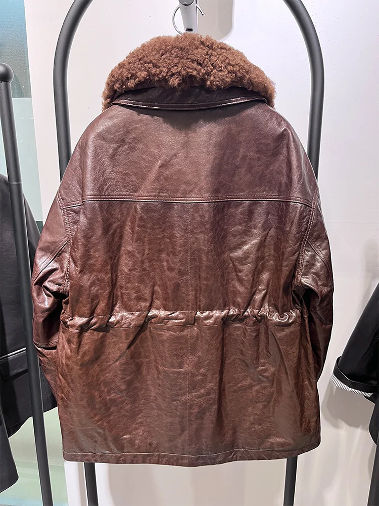 المرأة الدافئة أوزة أسفل سترة جلد الغنم الحقيقي سترة الطبيعية ميرينو الأغنام الفراء طوق معطف فاخر سترة منفوخة #2