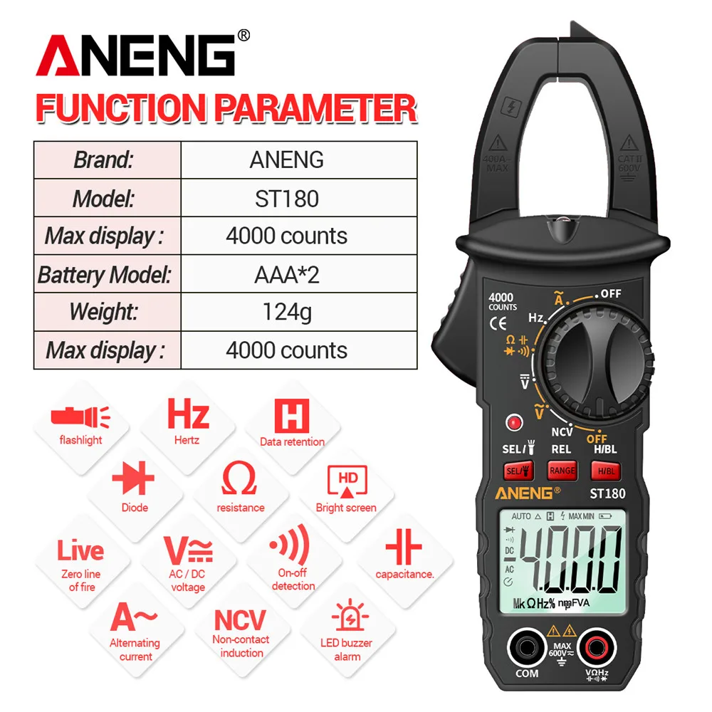 4000 Counts Digital AC Current  Ammeter Voltage Tester Car Amp Hz Capacitance NCV Ohm Tester ANENG ST180 Clamp Meter Multimeter