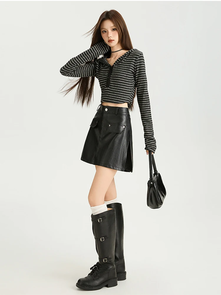 กระโปรงทรงเอหนัง PU สไตล์เกาหลีสำหรับผู้หญิง ฤดูใบไม้ร่วง-ฤดูหนาว 2025 เอวสูง สไตล์วิทยาลัย ย้อนยุคย2k ชิคๆ สไตล์สาวหวาน/สาวมั่น  ใหม่ล่าสุด