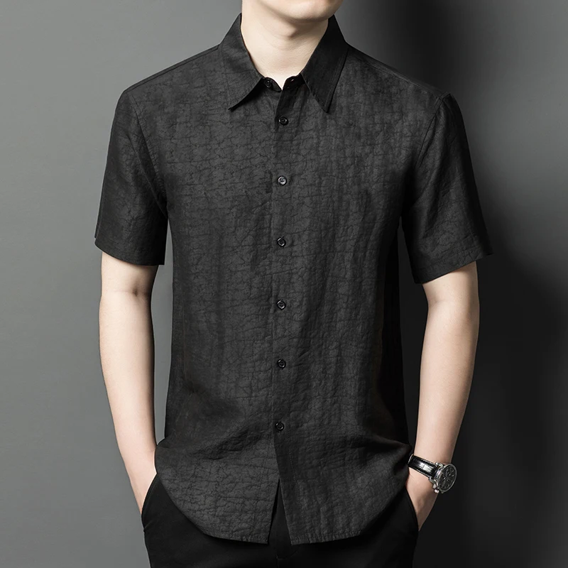 Black Genuine Silk 100% Shirts For Men Short Sleeved Skin-Friendly Summer Quality Coolness Lightweight Premium Camisas De Hombre