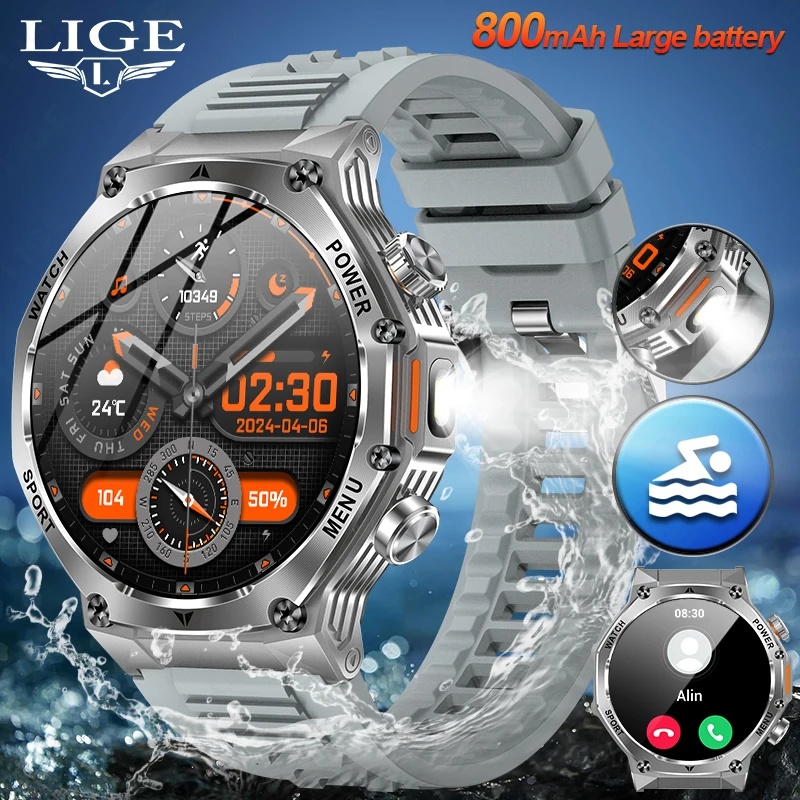 ساعة ذكية LIGE مزودة بمصباح يدوي مقاس 1.9 بوصة للرجال، ساعة رياضية خارجية، بطارية كبيرة 700 مللي أمبير، ساعة ذكية مزودة ببلوتوث وإضاءة LED