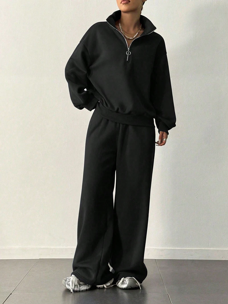 

Черная пригородная женская одежда, комплект из 2 предметов, осенние короткие толстовки с длинными рукавами и воротником-стойкой и эластичной резинкой на талии, повседневный спортивный костюм