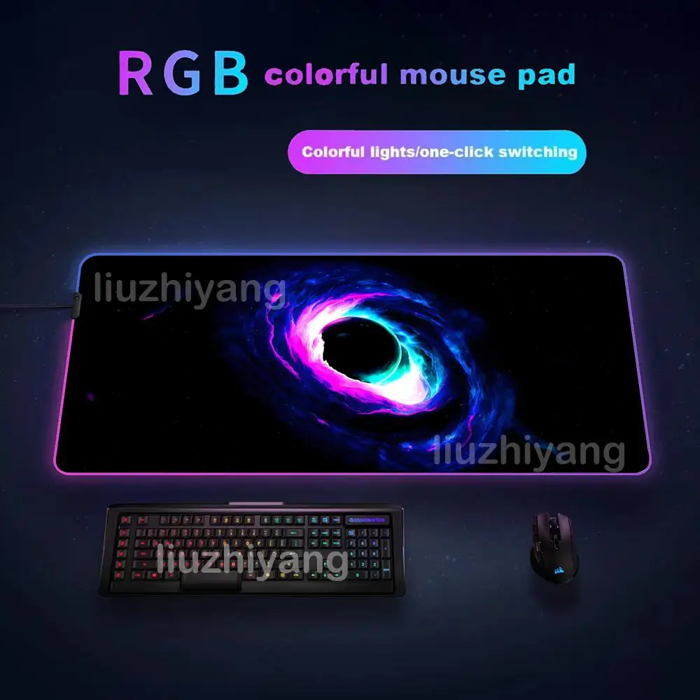 Alfombrilla de ratón con agujero negro, alfombrillas de ratón grandes RGB para juegos, luz LED, bordes bloqueados, accesorios de juego, alfombrillas de mesa, alfombrilla para teclado de PC XXL 90x40cm