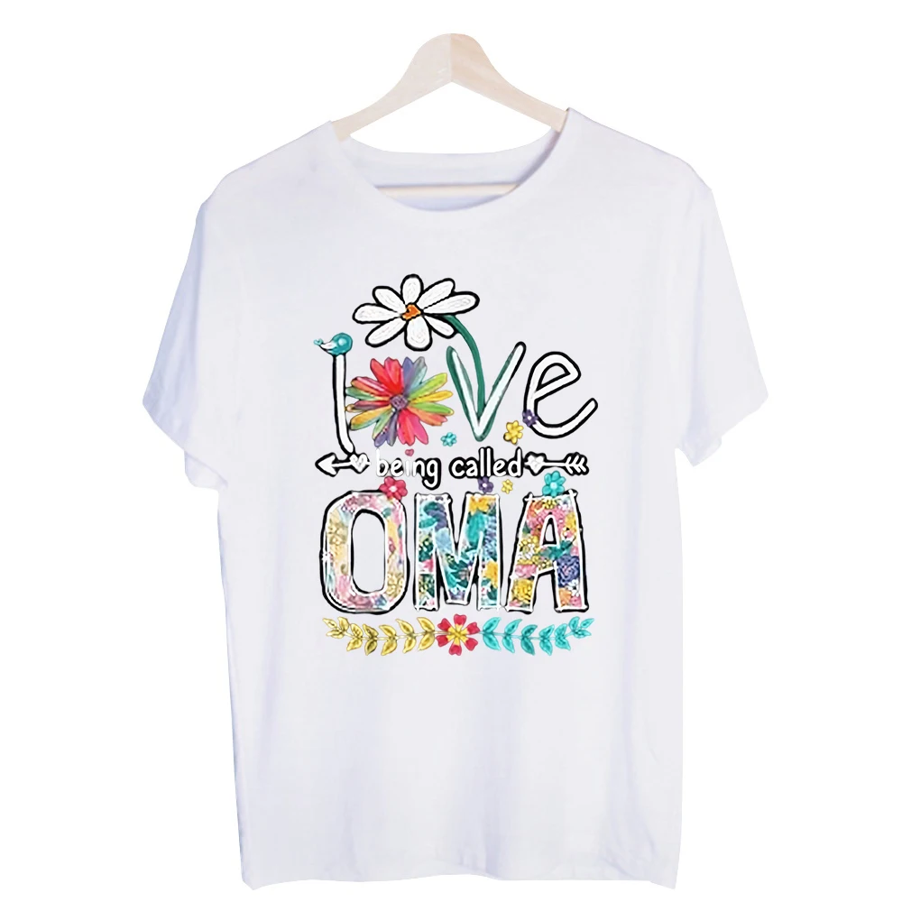 Women's OMA Floral Letter Print Graphic Tee, Casual Short Sleeve T-Shirt for Daily Wear and Family Gatherings