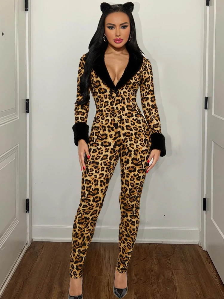 

FDYOUI 2025 осенне-зимний комбинезон с леопардовым принтом, женская уличная одежда из искусственного меха в стиле пэчворк, цельный комбинезон на молнии, наряд для ночного клуба