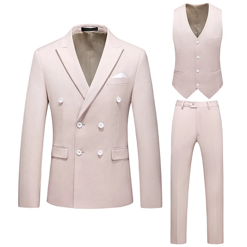 

KIDWHXR Man Suits Double-breasted Long Sleeve Blazer Male V-neck Vest Solid Color Pant Men Simple Business Casual 3-piece Set
