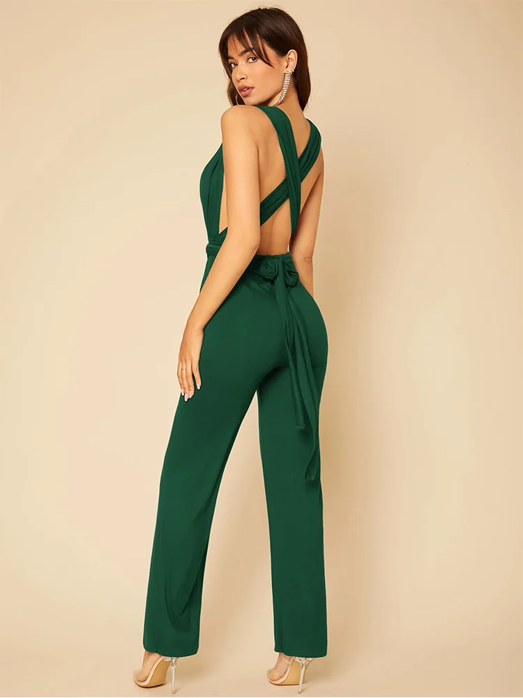 Jump Suits for Women Sexy Solid Dark V Backless Lace Up Jumpsuit of One Fashion Casual Pieces for Women Elegant Female