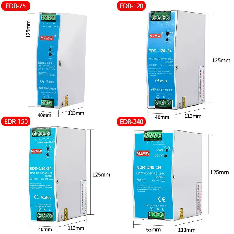 EDR-75W 120W 150W 240W 480W DIN Rail Switching Power Supply 12V 24V 100-240v AC To DC Industrial Transformer LED Driver
