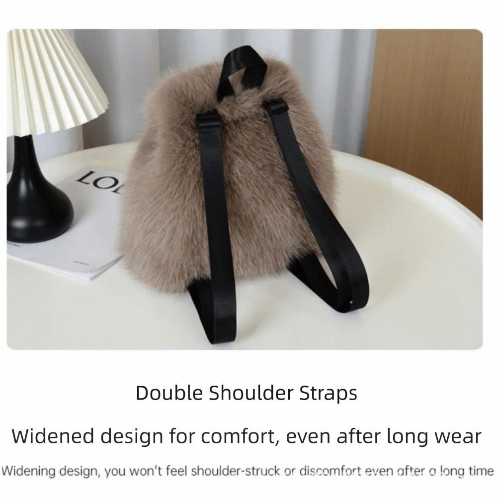 Cute Faux Fur Backpack Small Drawstring Leopard Fluffy Bag Soft Fleece Knapsack Winter Warm