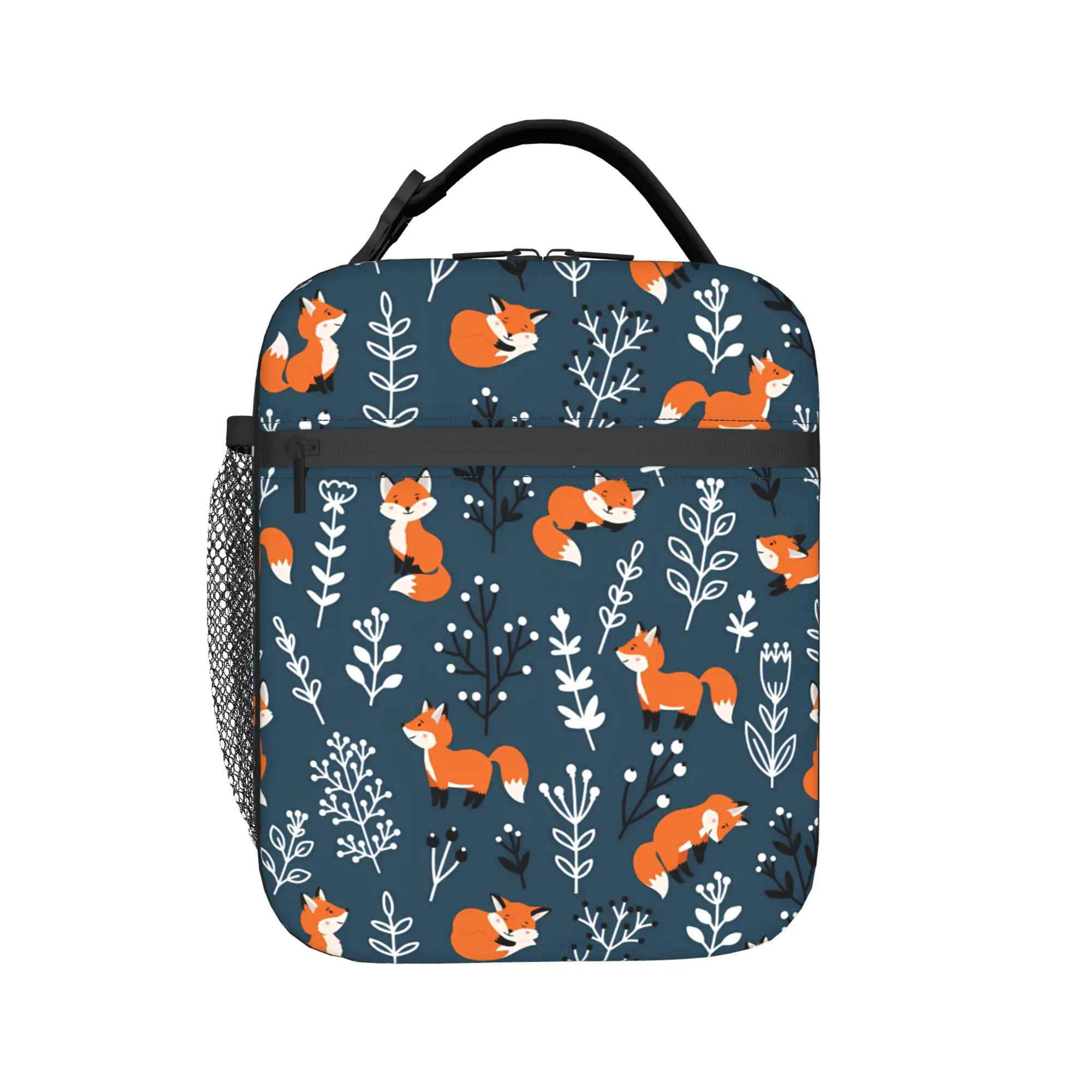 Cute Foxes Dark Blue Winter Pattern Lunch Bag For Unisex  Print Outdoor Picnic Lunch Box Fun Portable Zipper Oxford Cooler Bag