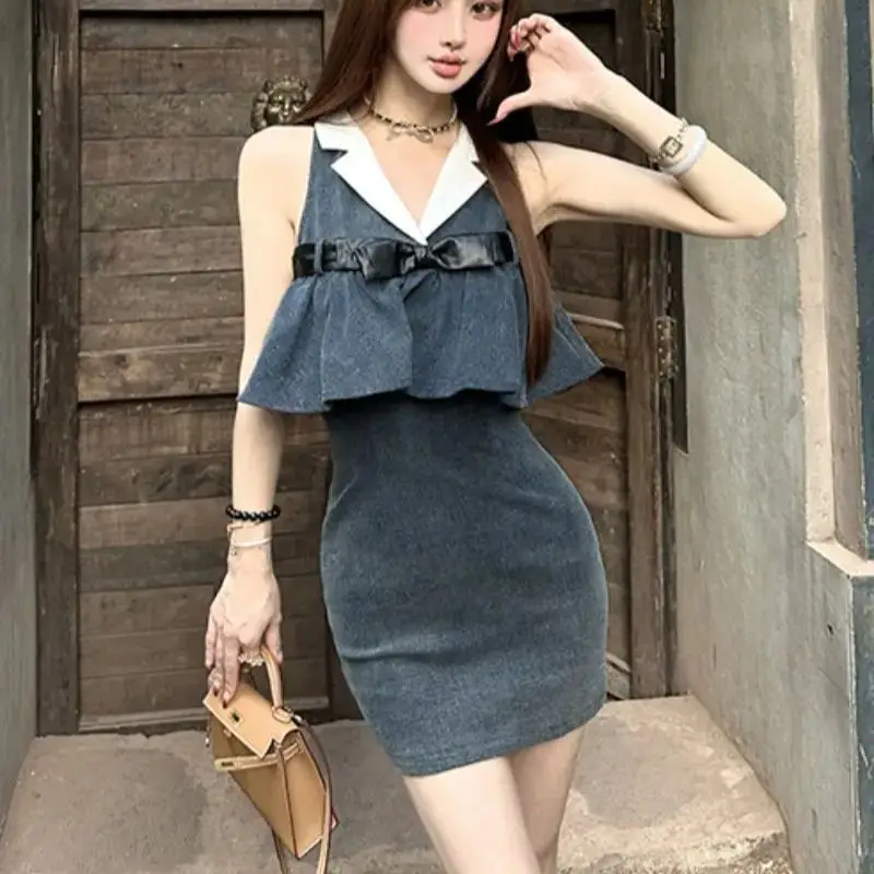 

Denim Dress V-Neck With Contrasting Ruffles French Vintage Women Causal Y2k Slim Mini Dress Summer 2024 Tighten The Waist Dress