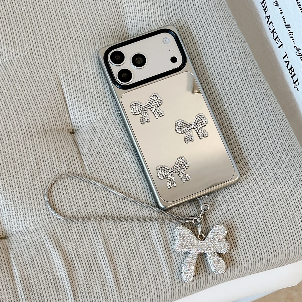 Korea Style Mirror Bowknot Decoration With Pendant Lanyard Rectangle Shock Proof Phone Cover Case for iPhone 17 16 15 Pro Max