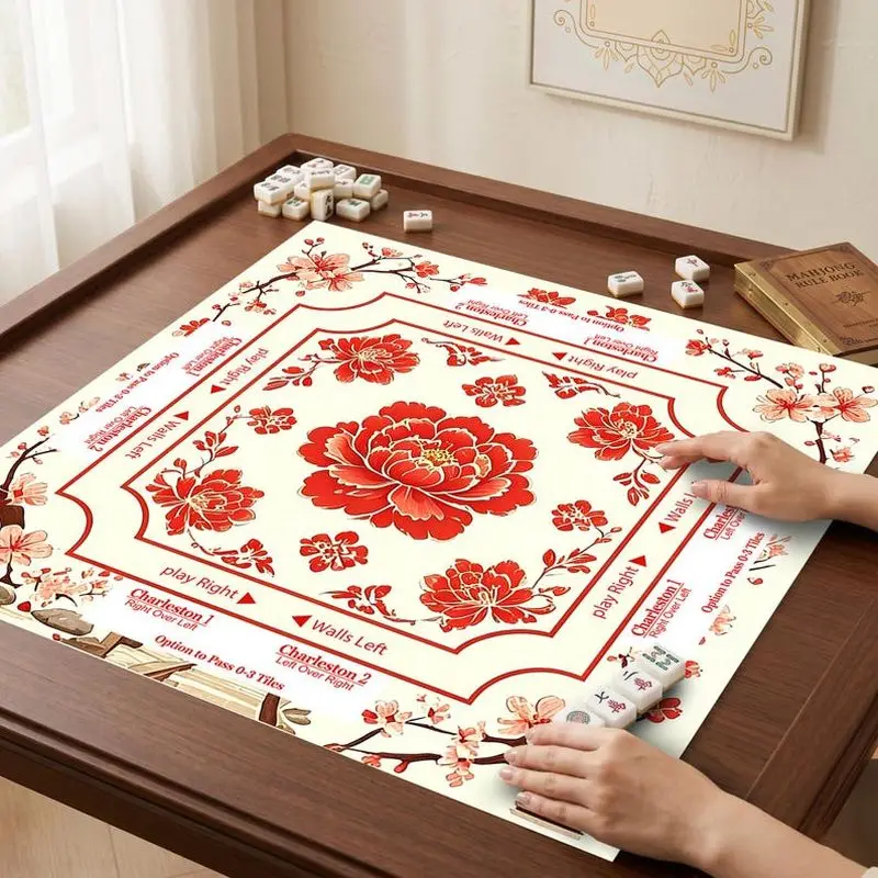 VIKAMA Chinese Red Peony Plum Mahjong Mat Golden Frame Zoned Pad Chinese American Charleston Mahjong Desktop Cover