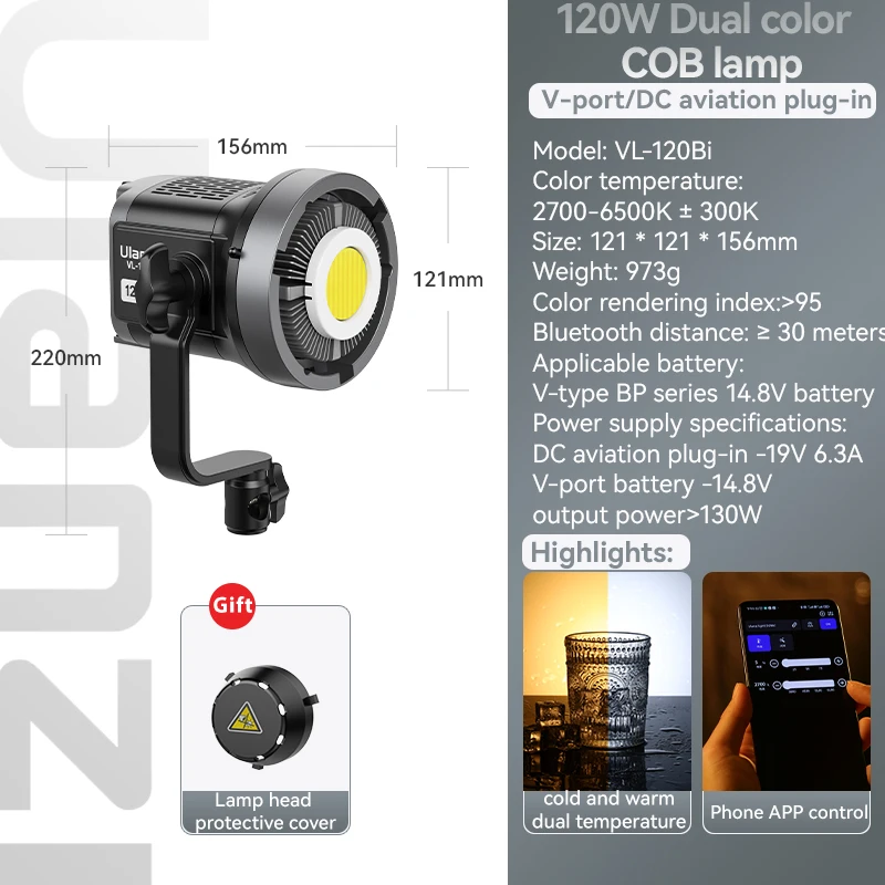 Ulanzi 120W COB Fotografie Invullicht Tweekleurige versie V Mount Batterij DC-ingang 2700K-6500K met Bowens APP Afstandsbediening
